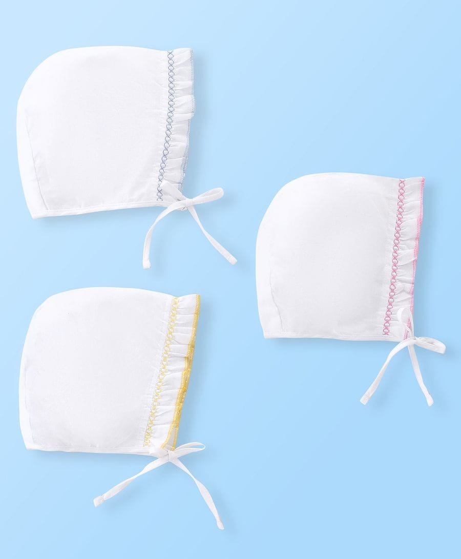 New Born Baby Cotton Cap Set With Tie-Knot Solid White, Pack Of 3